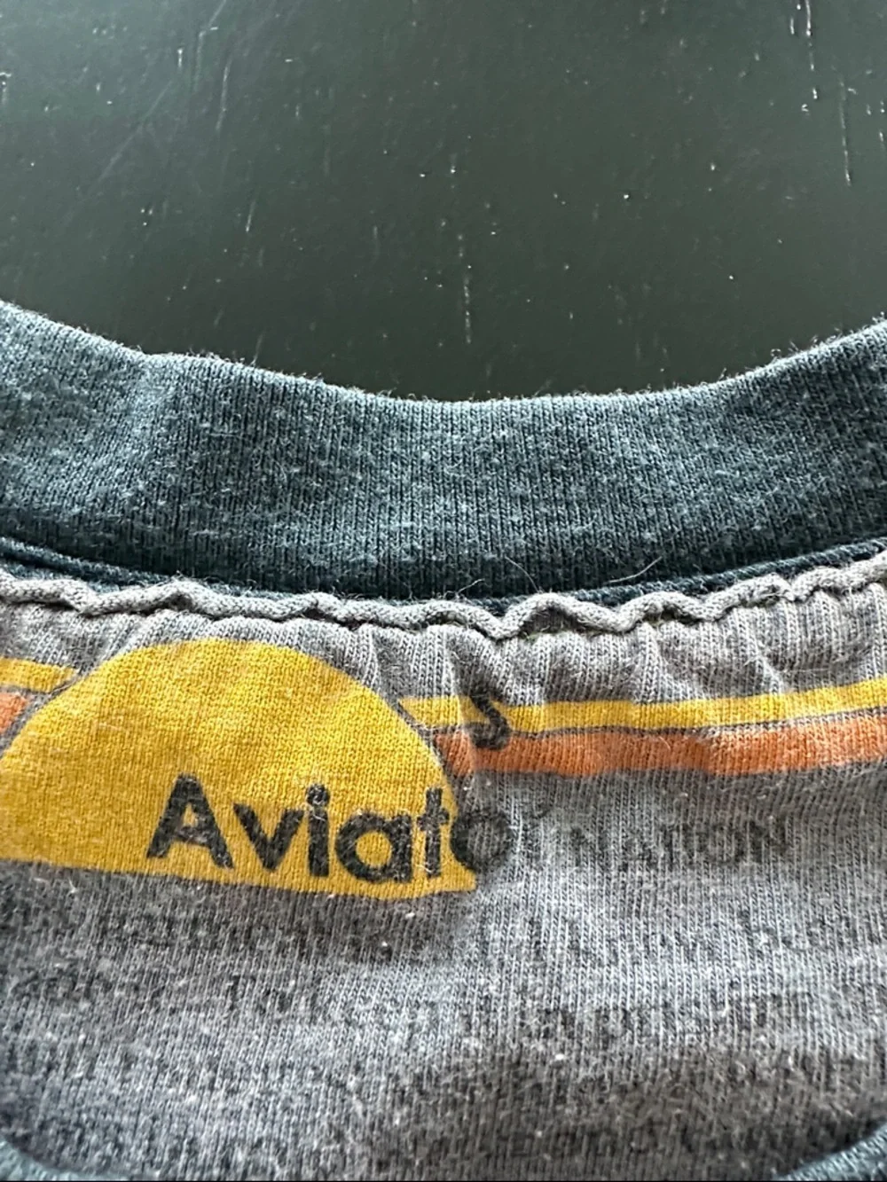 Aviator Nation Gray Vintage Wash T-Shirt with Blue Logo and Red/Yellow Stripe - Picture 2 of 4